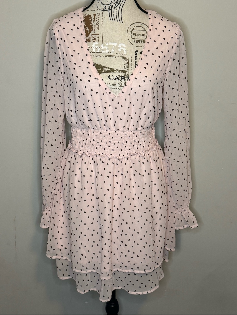 Mi Ami Pale Pink Heart-Print Long Sleeve Smocked Waist Dress - Size Large
